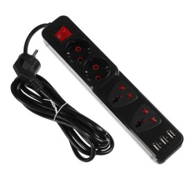 Удлинитель Luazon Lighting, 2 евро+2 унив.роз., 3 м,2200Вт, 2х0.75 мм2, 3хUSB, с выключателем, чёрны