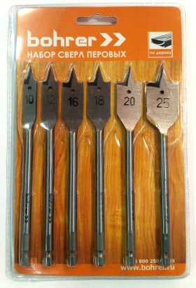Набор сверл Bohrer перовых по дереву 10/12/16/18/20/25 х 152 мм (6 шт.) (60/15/1)