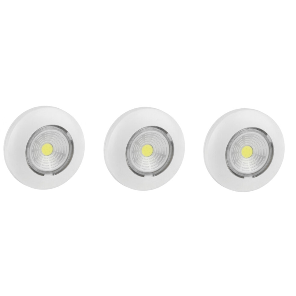 REV Светодиодный самоклеящийся фонарь-подсветка Pushlight(3шт.в уп) белый, COB 3 Вт,бат 3хААА