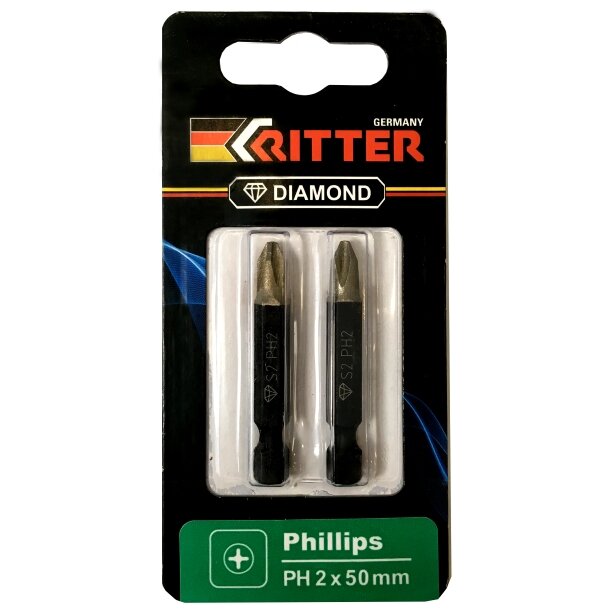 Бита Ritter Diamond PH 1x50 мм  магнитная (алмазное покрытие, сталь S2) (2 шт. в блистерной упаковке) (100/50/1)