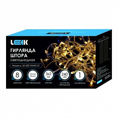 Гирлянда с/д штора LEEK 3*2м 240 LED прозрачный кабель, 3000K (30)