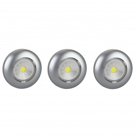 REV Светодиодный самоклеящийся фонарь-подсветка Pushlight(3шт.в уп) металлик, COB 3 Вт,бат 3хААА