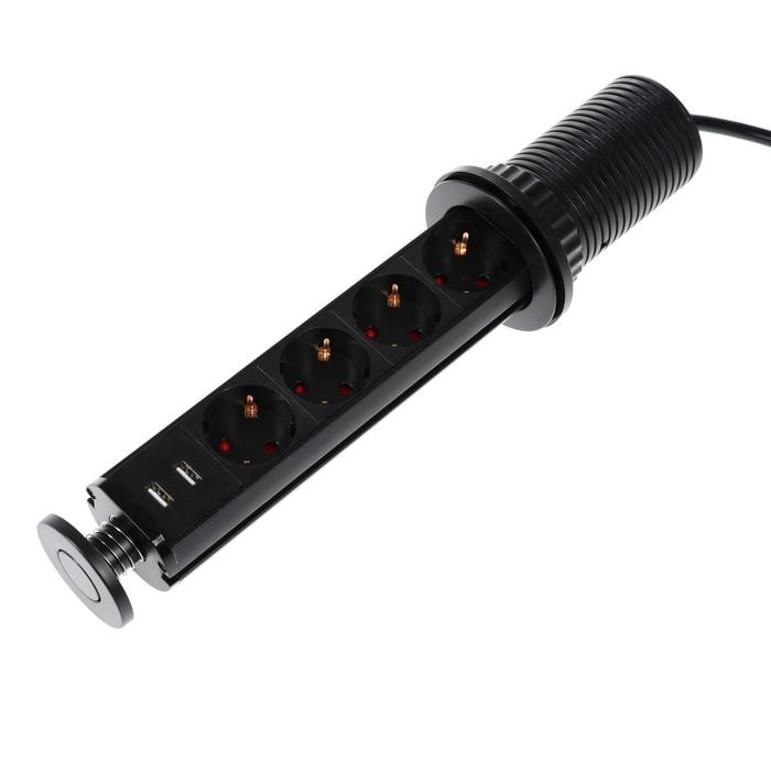 Розетка выдвижная Luazon Lighting, 16 А, четырехместная, в стол, 2хUSB, 2.1 А, черная 5470192