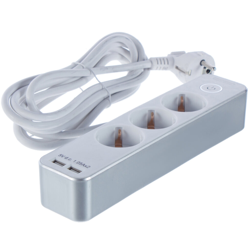 REV Удлинитель с заземлением с выкл. Supraguard, 3 розетки, 3 м, 3680 Вт, 16А, 3х1,5мм2, 2 USB 5V-2,