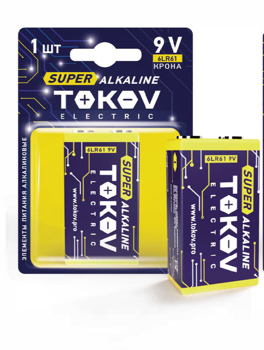 Элемент питания алкалиновый "крона" 6LR61 (блист.1шт) TOKOV ELECTRIC