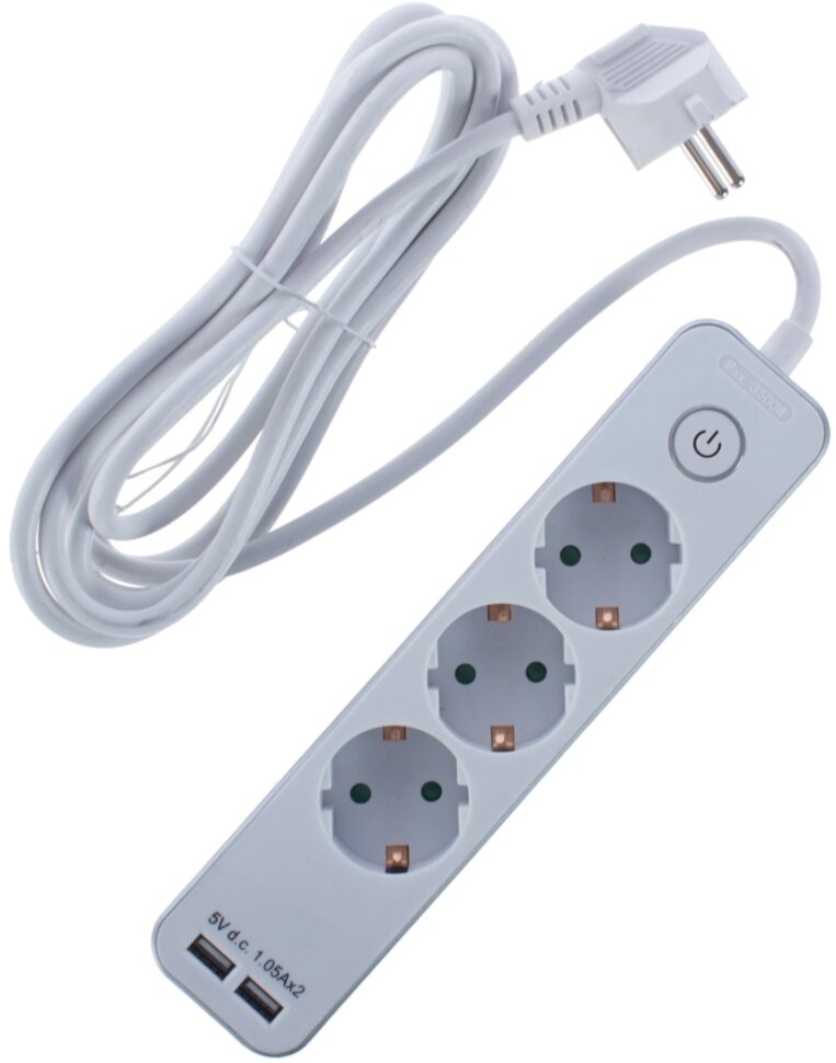 REV Удлинитель с заземлением с выкл. Supraguard, 3 розетки, 3 м, 3680 Вт, 16А, 3х1,5мм2, 2 USB 5V-2,