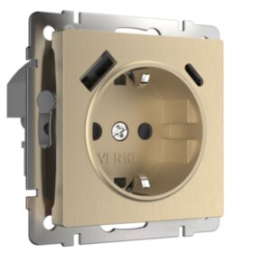 WL Розетка с заземлением, шторками и USB тип A+C (шампань рифленый )