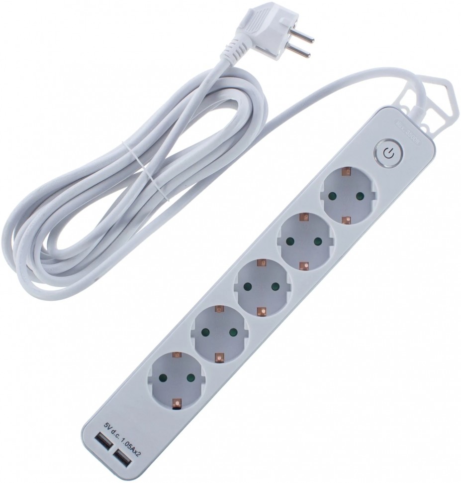 REV Удлинитель с заземлением с выкл. Supraguard, 5 розеток, 3 м, 3680 Вт, 16А, 3х1,5мм2, 2 USB 5V-2,