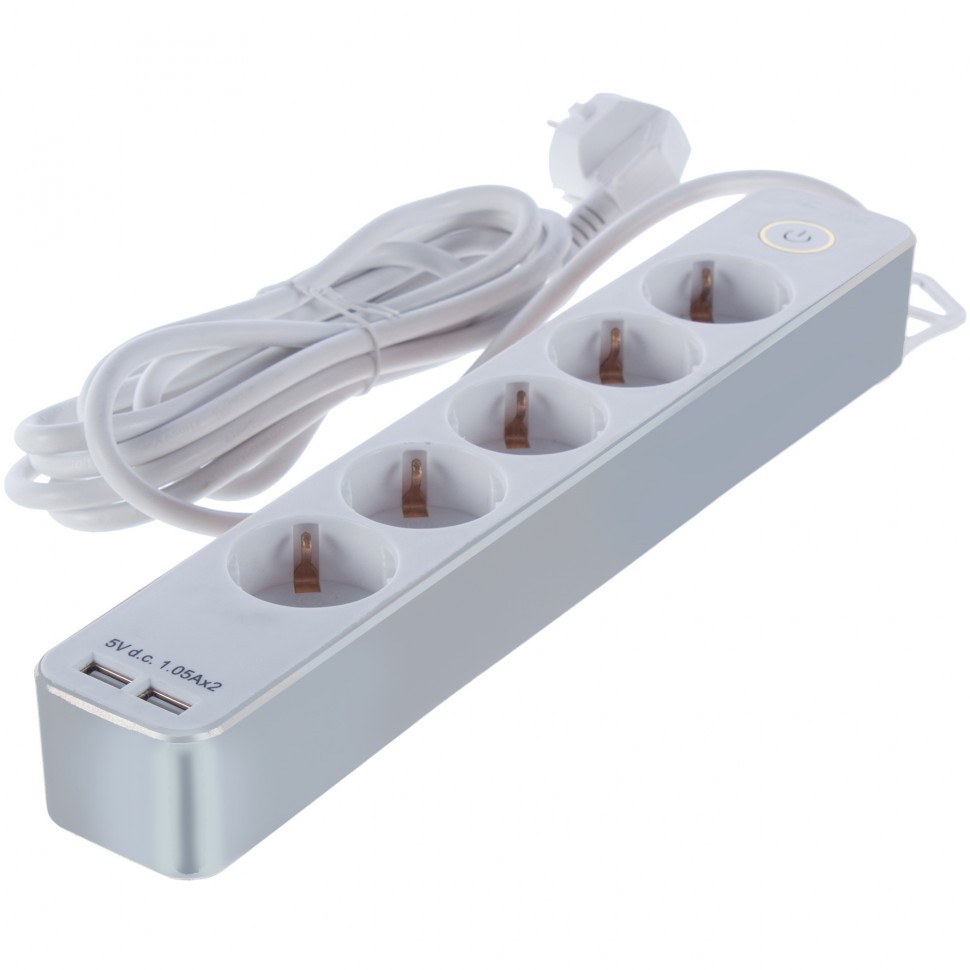 REV Удлинитель с заземлением с выкл. Supraguard, 5 розеток, 5 м, 3680 Вт, 16А, 3х1,5мм2, 2 USB 5V-2,
