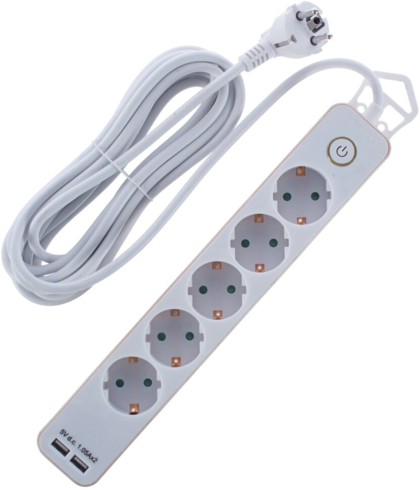 REV Удлинитель с заземлением с выкл. Supraguard, 5 розеток, 5 м, 3680 Вт, 16А, 3х1,5мм2, 2 USB 5V-2,
