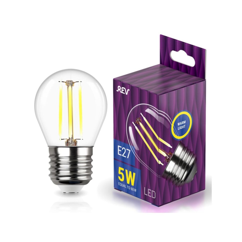 REV Лампа сд FILAMENT шарик G45 E27 5W, 2700K, DECO Premium, теплый свет