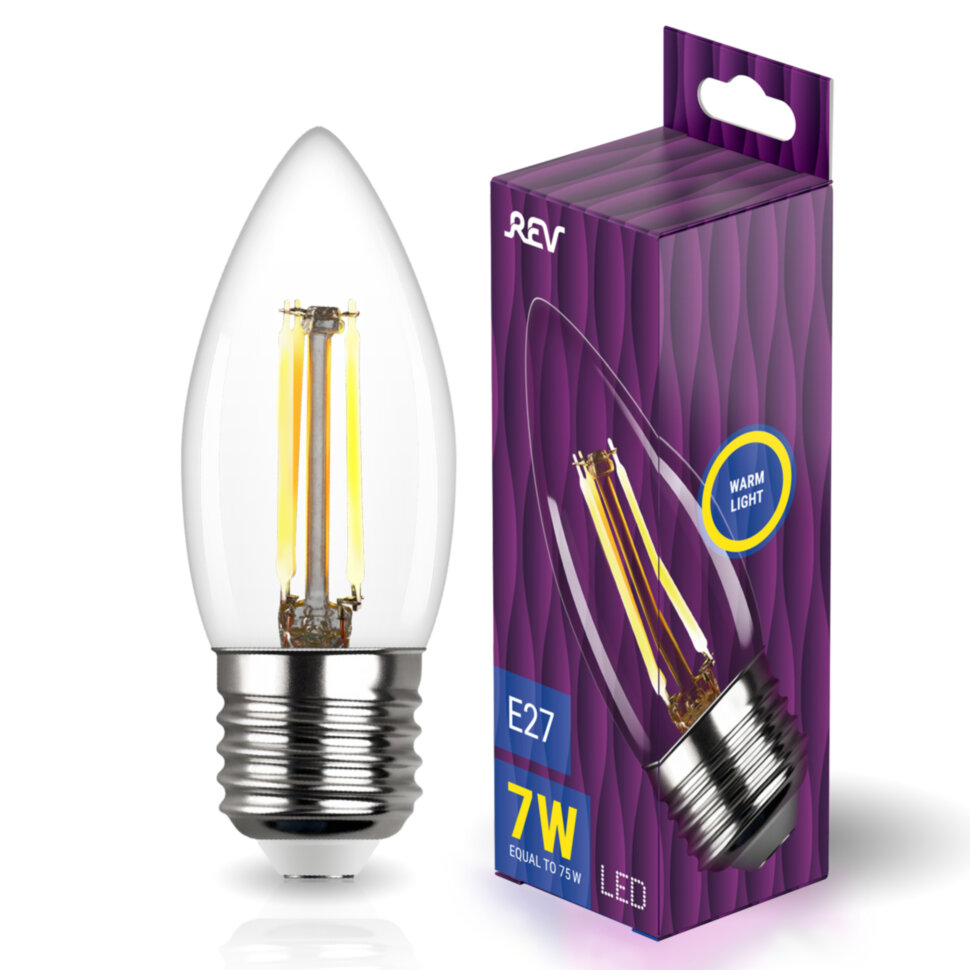 REV Лампа сд FILAMENT свеча  C37 E27 7W, 2700K, DECO Premium теплый свет