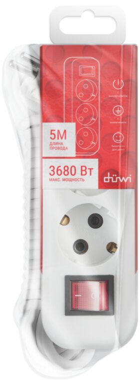 REV Удлинитель с заземлением с выкл. Supraline 3 розетки, 5 метра, 3х1,5мм2, 3680 Вт, 16А, duwi