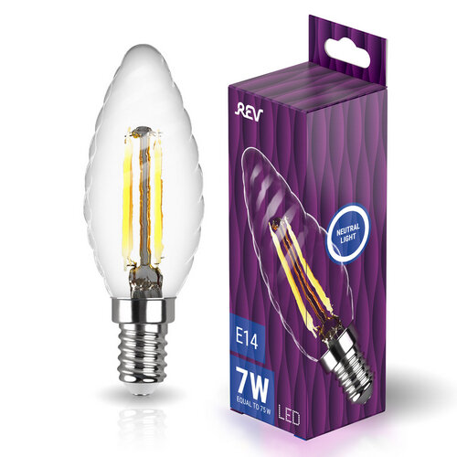 REV Лампа сд FILAMENT свеча витая TC37 E14 7W, 4000K, DECO Premium, холодный свет