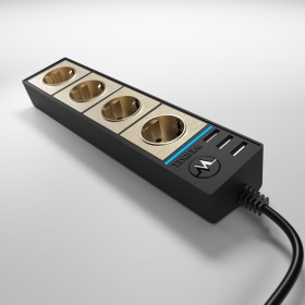 WL Розеточный блок4-х местный+3 USB черный/шампань рифленый WL20-04-03