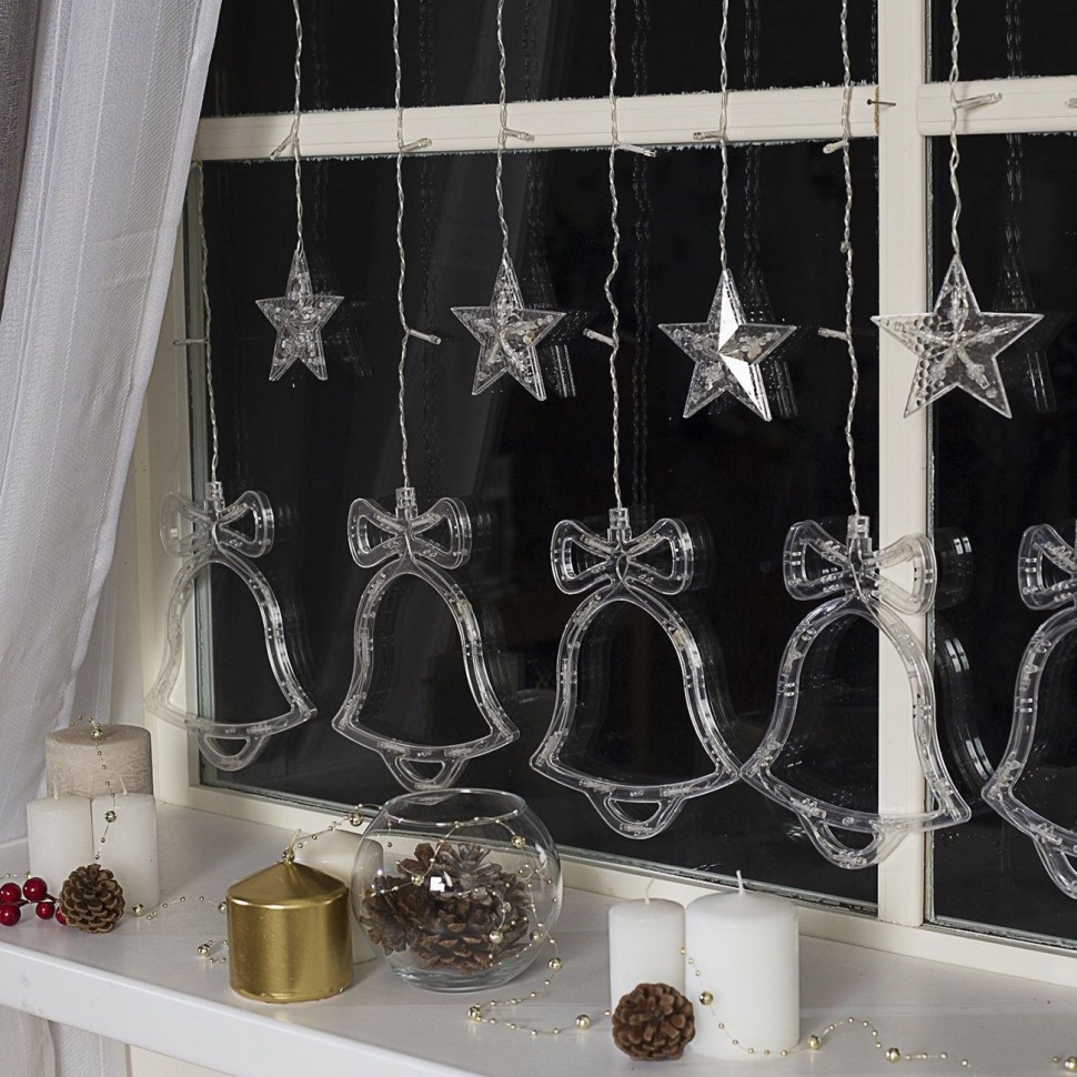 Гирлянда "Бахрома" 2.4 х 0.9 м с насадками "Колокольчики", IP20, прозрачная нить, 138 LED, свечение