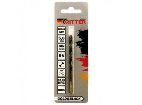 Сверло по металлу Ritter EC 12,0 мм (HSS-G M2 Gold&Black) DIN 338 RN (1 шт в блистере) (250/50/1)