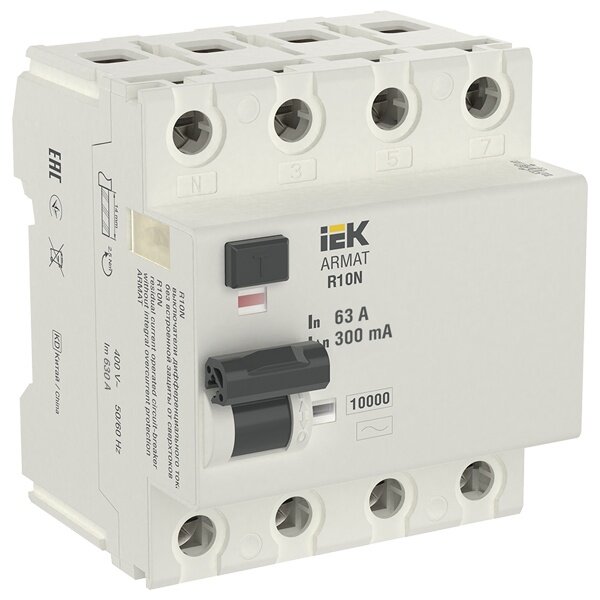 Выключатель дифференциального тока R10N 4P 63А 300мА тип AC IEK AR-R10N-4-063C300