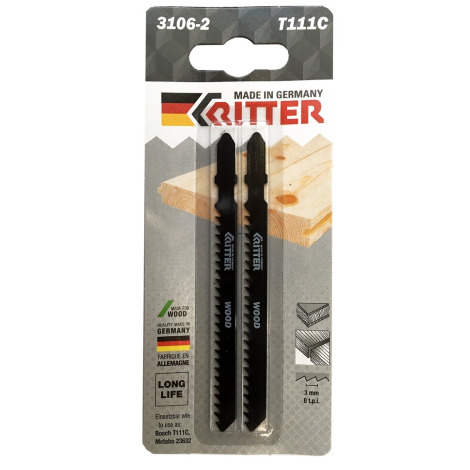Пилки для лобзиков Ritter по дереву Т111C CrV 100/75мм, шаг 3 мм 8TPi (Грубый быстрый рез) (2 шт. в уп.) (MPS, Германия)