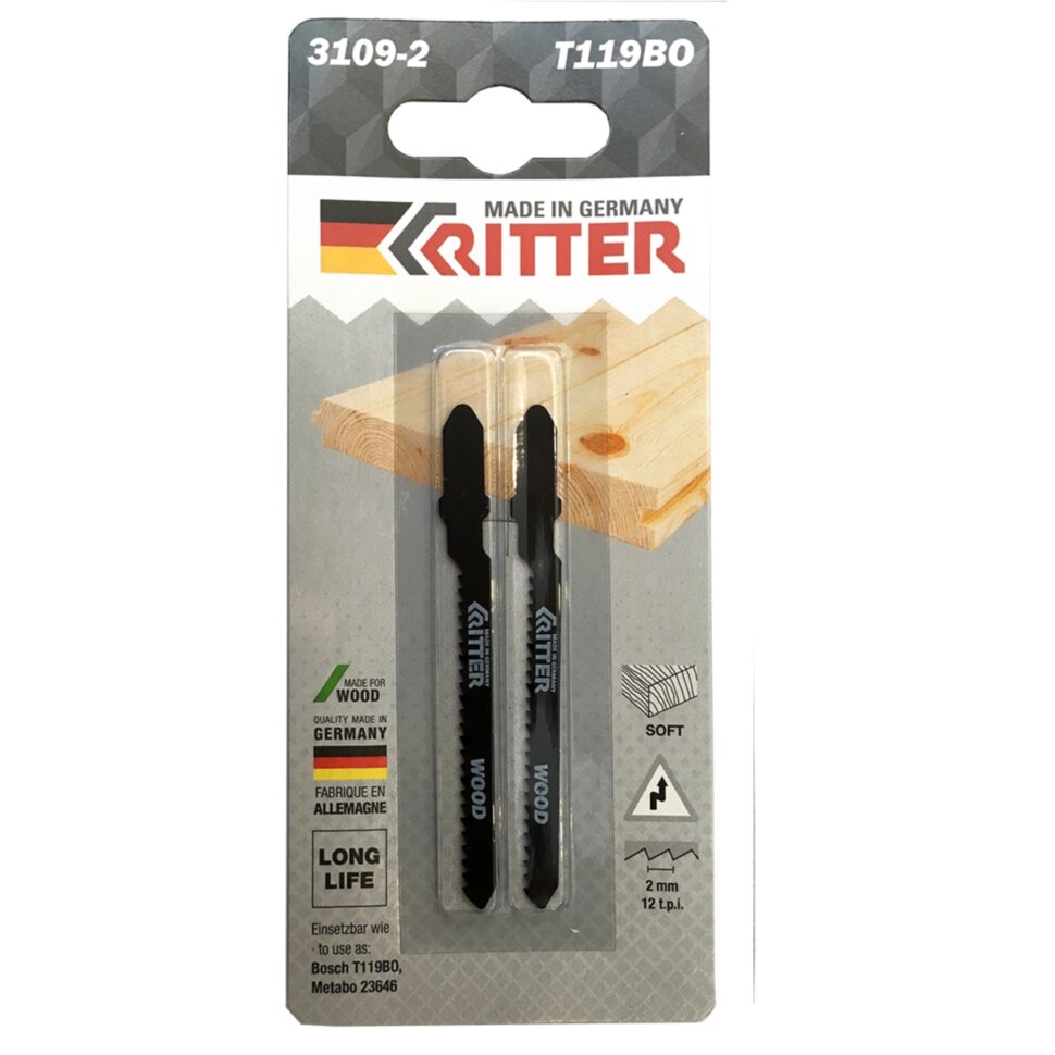Пилки для лобзиков Ritter по дереву Т119BO CrV 75/50мм, шаг 2 мм 12 TPi (Криволинейный рез) (2 шт. в уп.) (MPS, Германия)