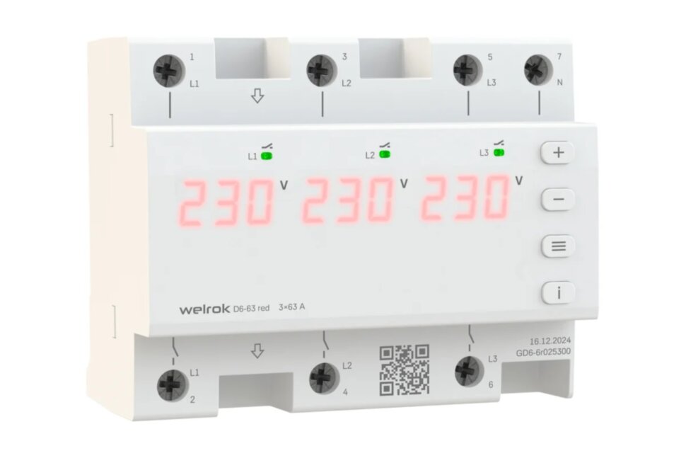 Реле напряжения Welrok трехфазное D6-63 red