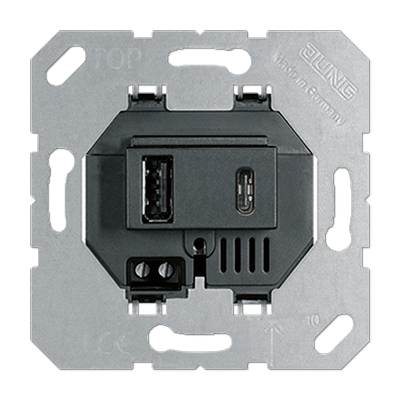 Jung USB зарядное устройство, черный, (крепление винтами, без крепёжных лапок)