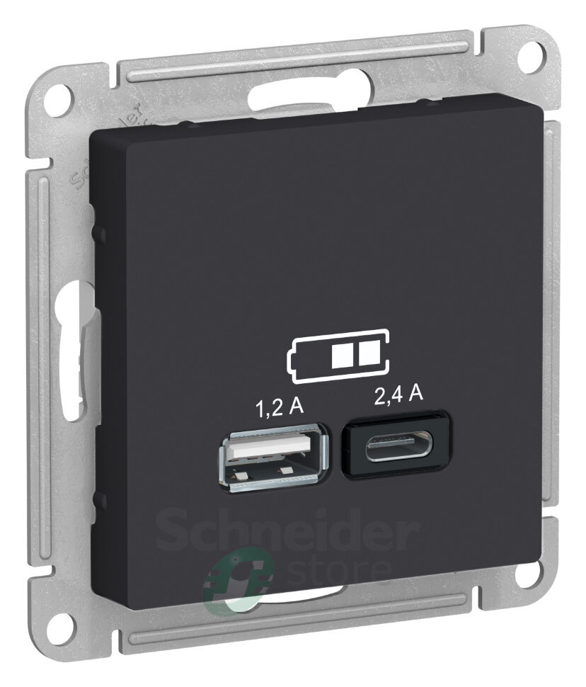 Механизм розетки USB AtlasDesign A+С 5В/2.4А 2х5В/1.2А карбон SchE З ATN001039